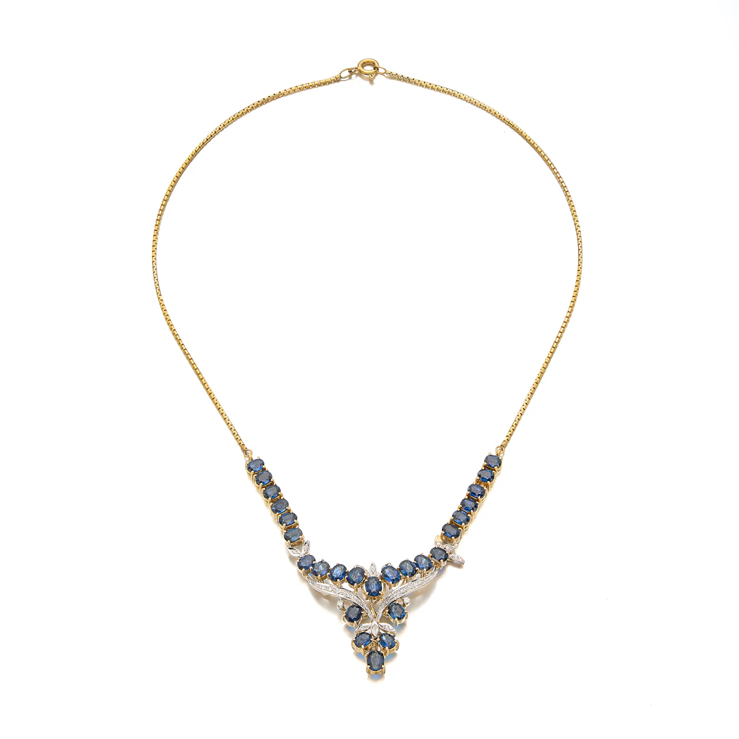 A Sapphire, Diamond and Two-Tone Gold Necklace