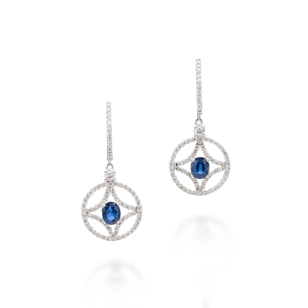 A Pair of Sapphire, Diamond and White Gold Ear Pendants