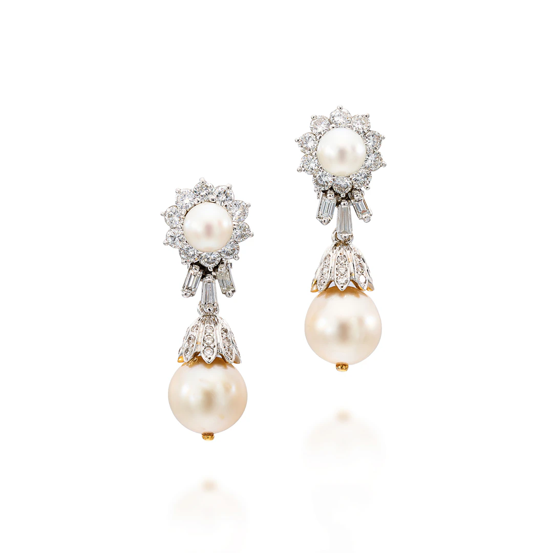 A Pair of Cultured Pearl, Diamond and White Gold Ear Pendants