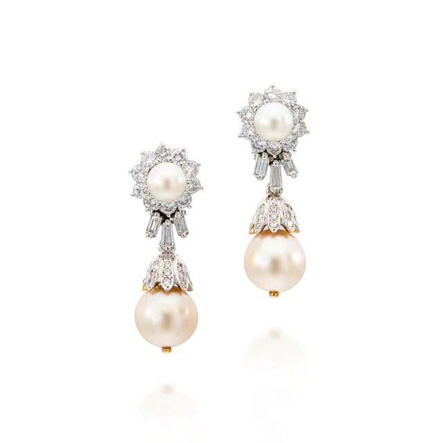 A Pair of Cultured Pearl, Diamond and White Gold Ear Pendants