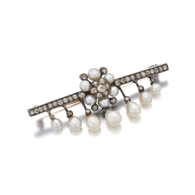 An Antique Pearl, Diamond, Silver and Gold Brooch, circa 1860