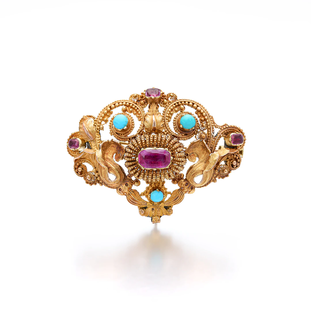 A Georgian Ruby, Turquoise and Gold Brooch, circa 1830
