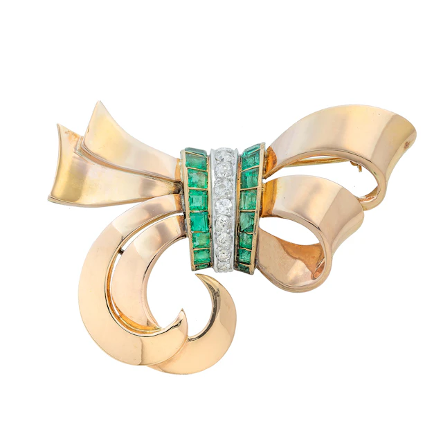 Retro Emerald, Diamond, Platinum and Gold Brooch