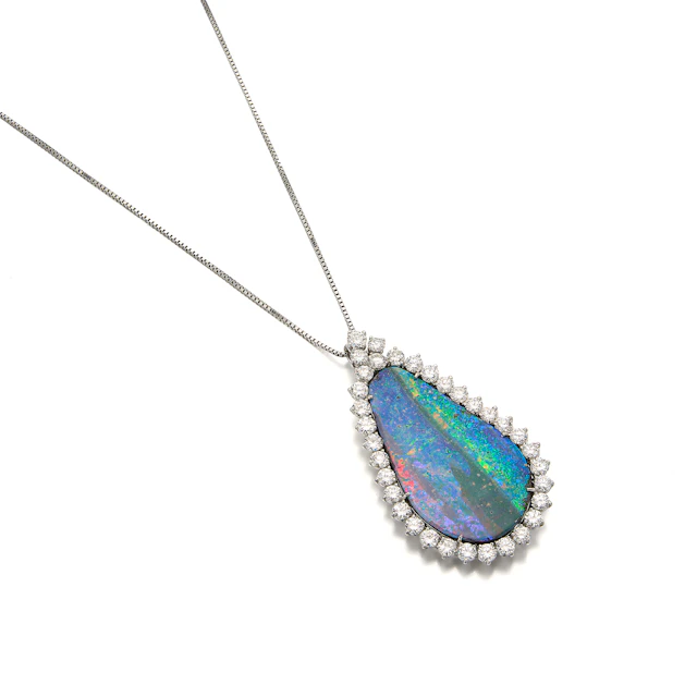 A Boulder Opal, Diamond and White Gold Pendant Necklace, Gubelin