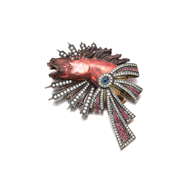 A Mother-of-Pearl, Gem-Set, Silver and Gold Brooch