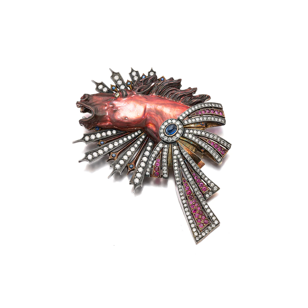A Mother-of-Pearl, Gem-Set, Silver and Gold Brooch