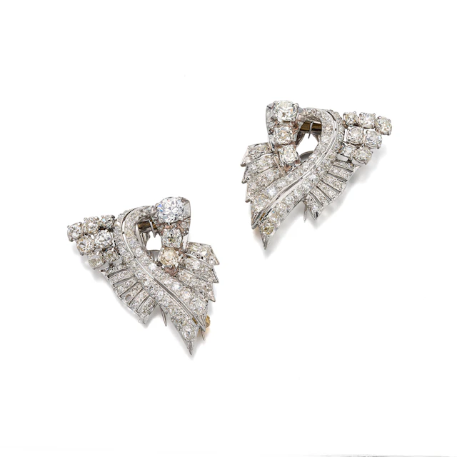 A Pair of Art Deco Diamond and Platinum Clip Brooches, circa 1930