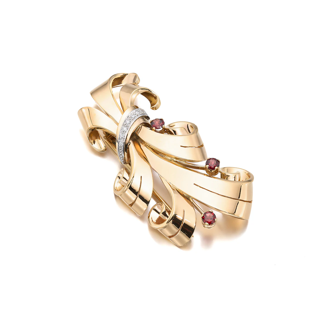 A Retro Garnet, Diamond and Gold Clip Brooch, circa 1940