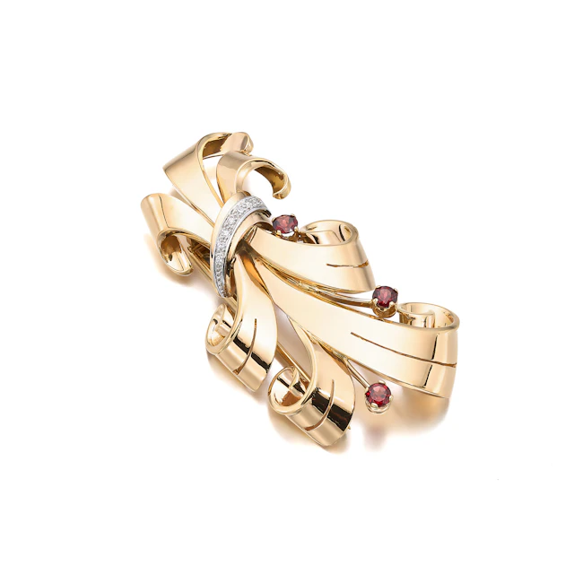 A Retro Garnet, Diamond and Gold Clip Brooch, circa 1940