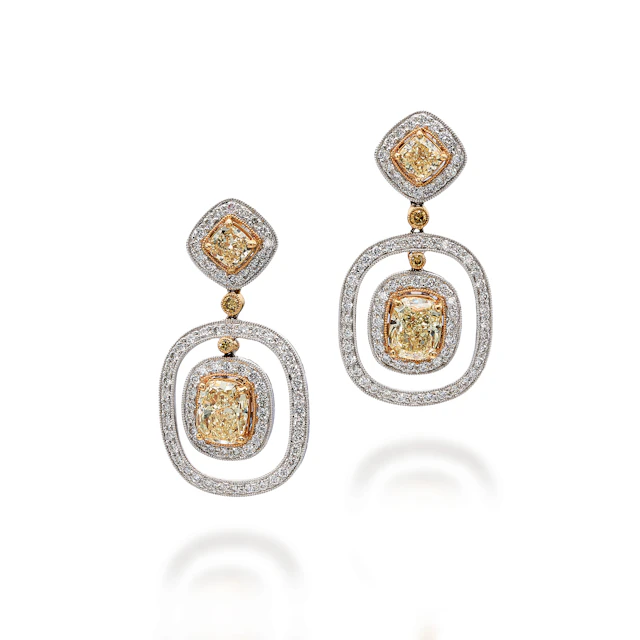 A Pair of Coloured Diamond and White Gold Ear Pendants