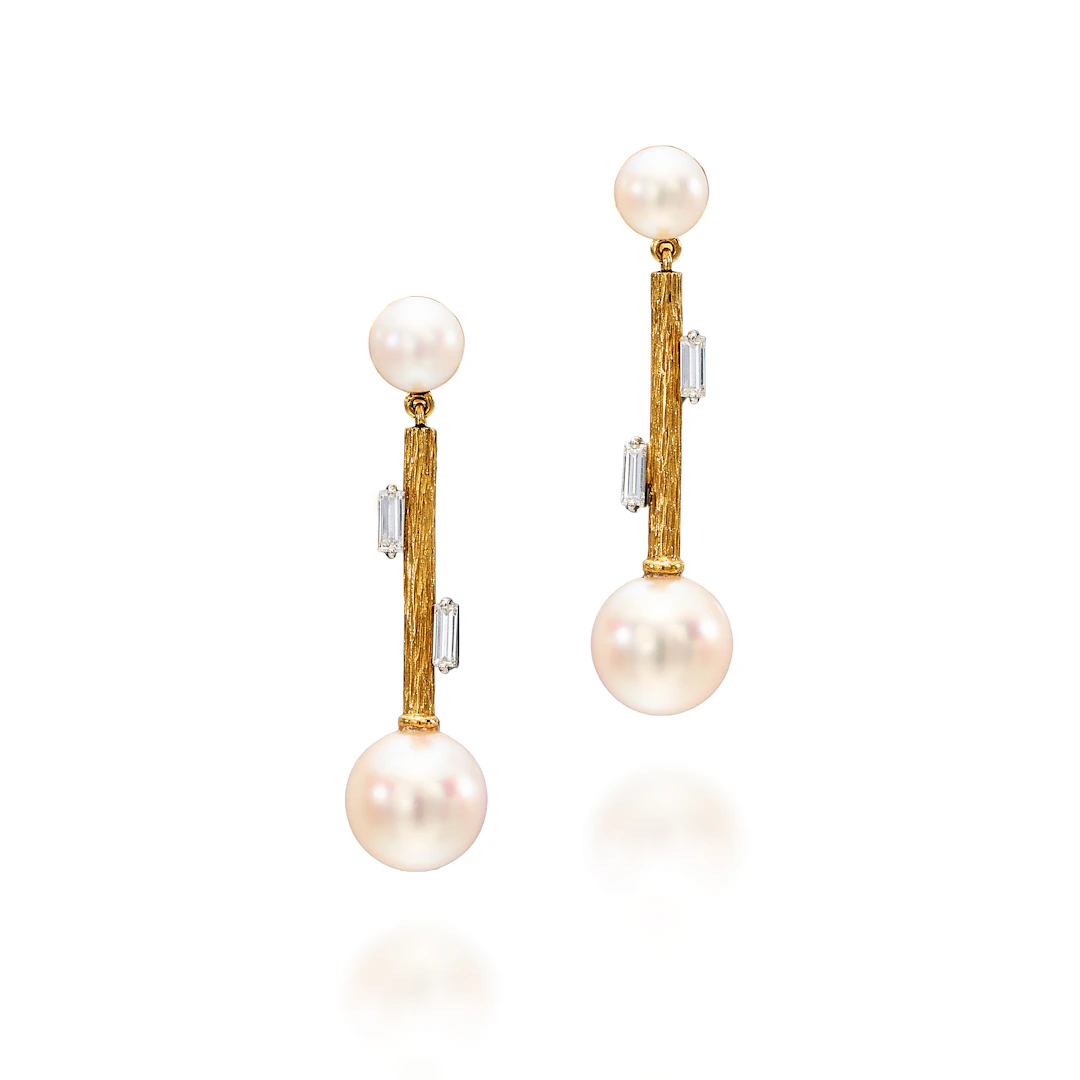 A Pair of Cultured Pearl, Diamond and Gold Ear Pendants
