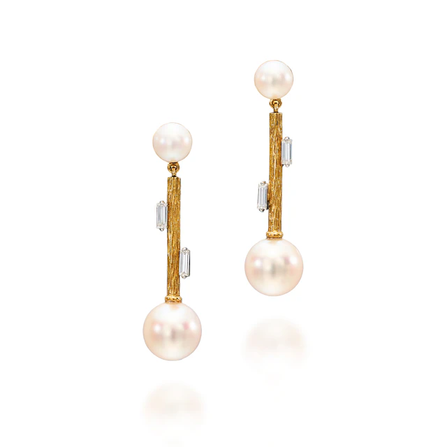 A Pair of Cultured Pearl, Diamond and Gold Ear Pendants