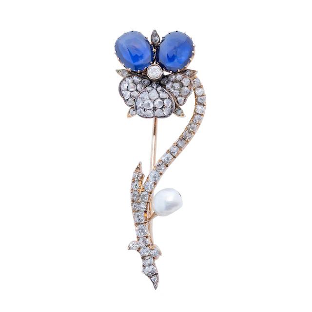 Antique Sapphire, Diamond, Pearl and Gold Brooch, circa 1870
