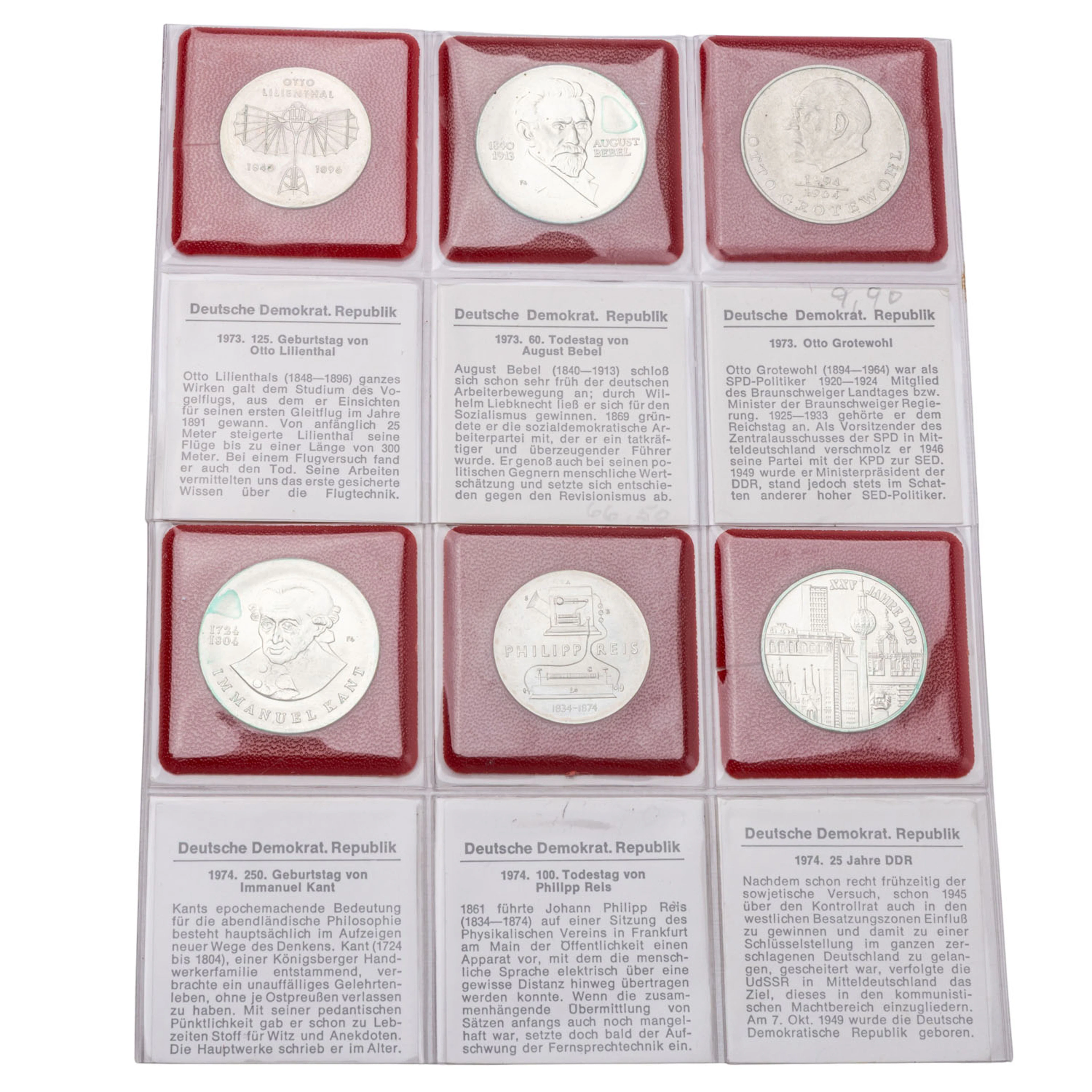 DDR - 6 Gedenkprägungen (2 x 5 Mark, 10 Mark, 3 x 20 Mark) ex 1973/74