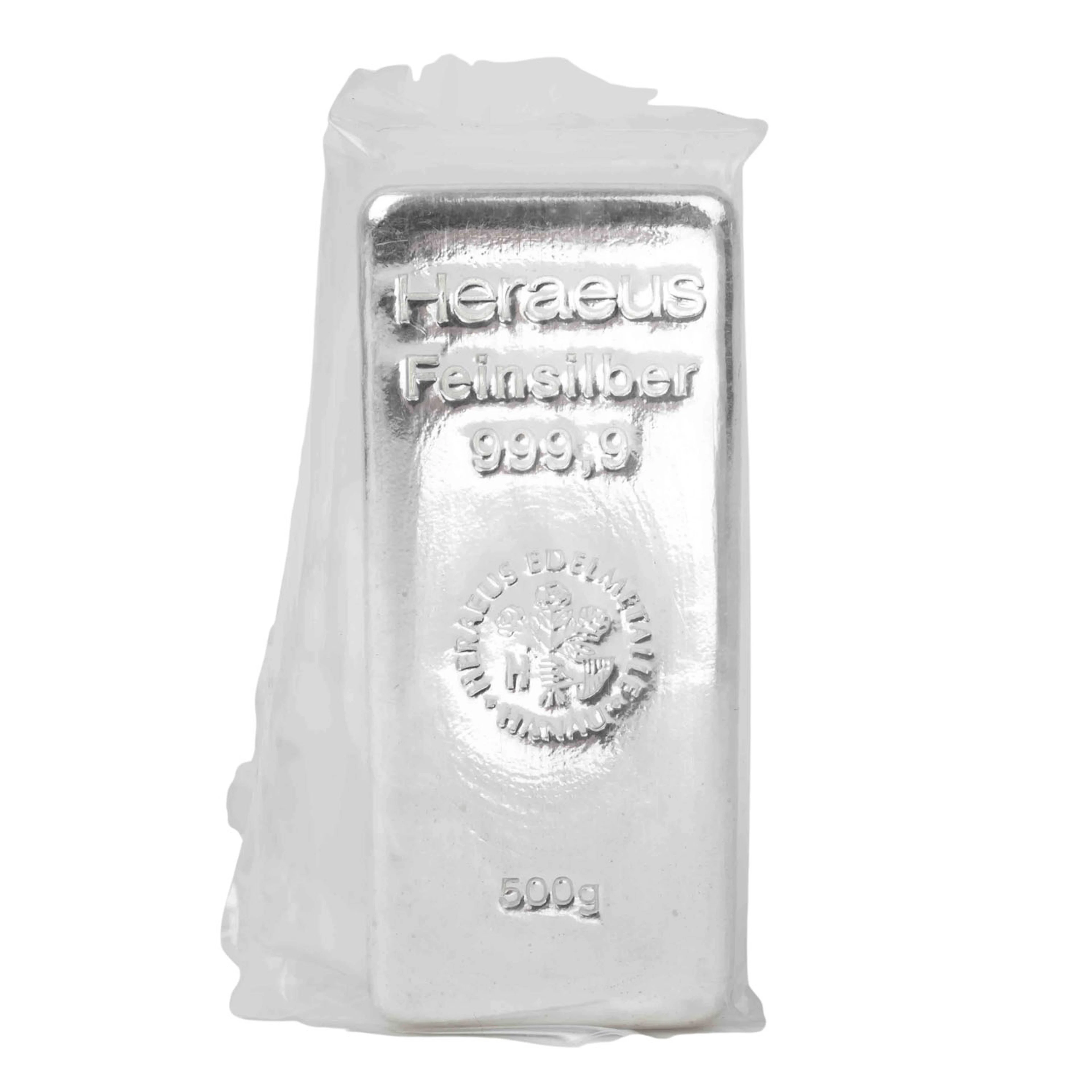 SILBERbarren 500g Ag fein, Silberbarren gegossen, Hersteller Heraeus