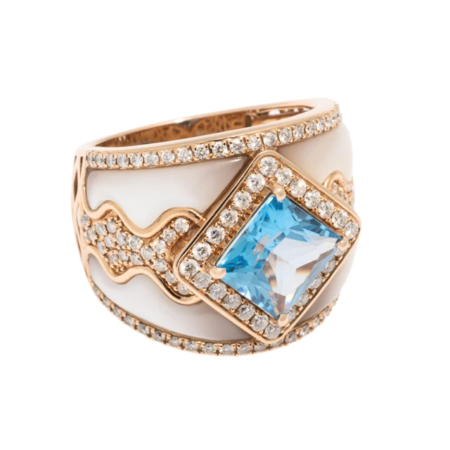 Ring mit Blautopas, Perlmutt und Brillanten
