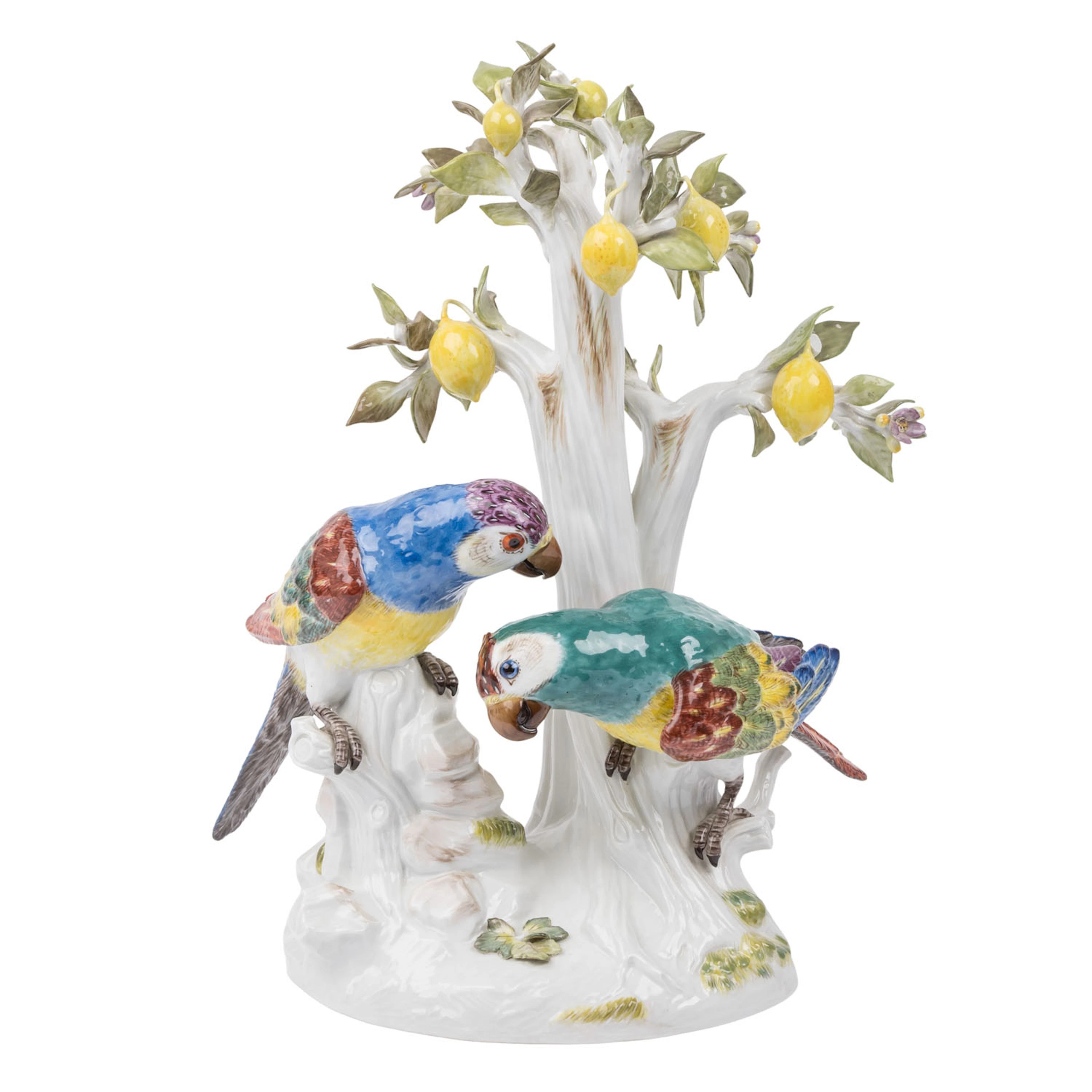 MEISSEN große Tierfigurengruppe 'Papageien mit Zitronenbaum', 20. Jh. 1. Wahl.