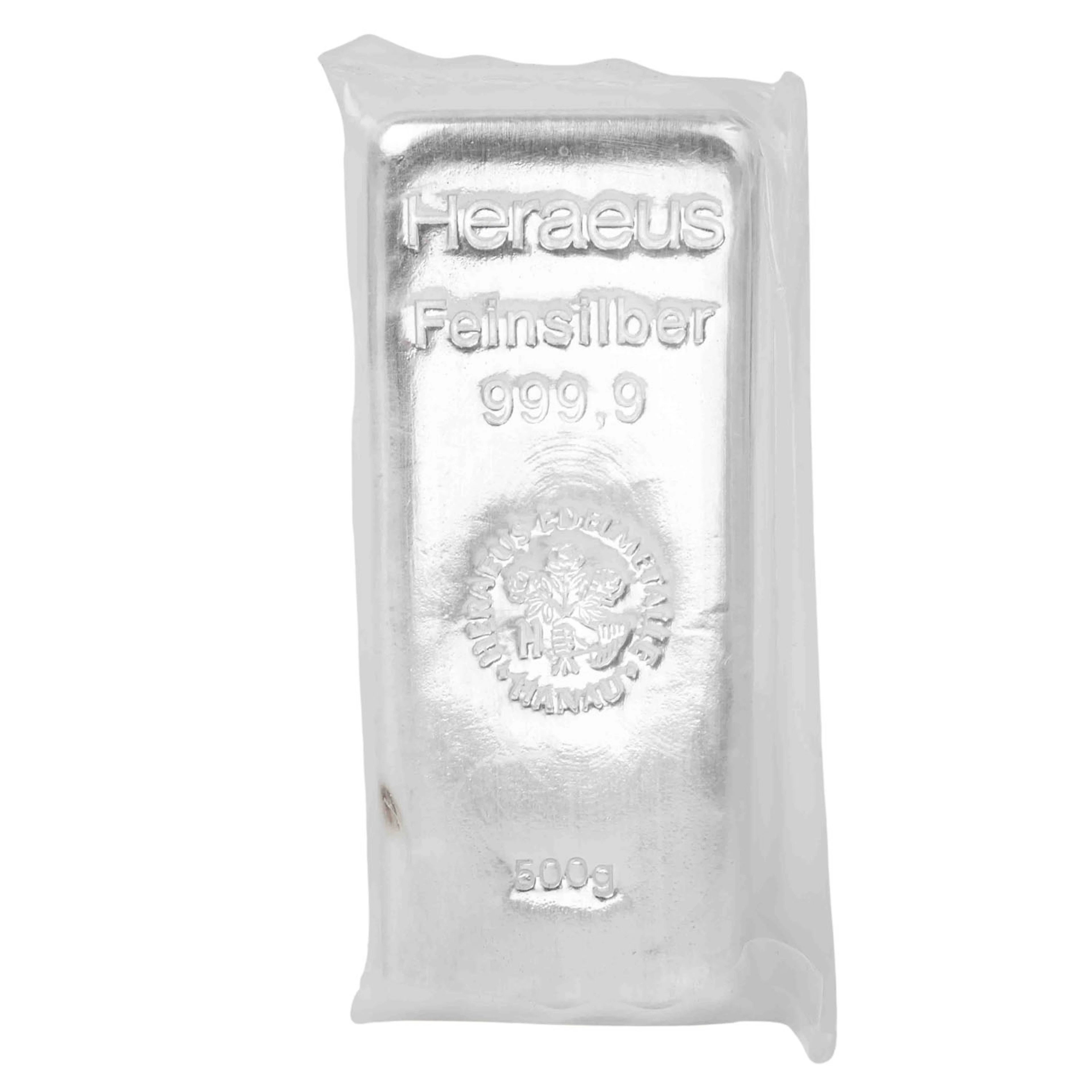 SILBERbarren 500g Ag fein, Silberbarren gegossen, Hersteller Heraeus