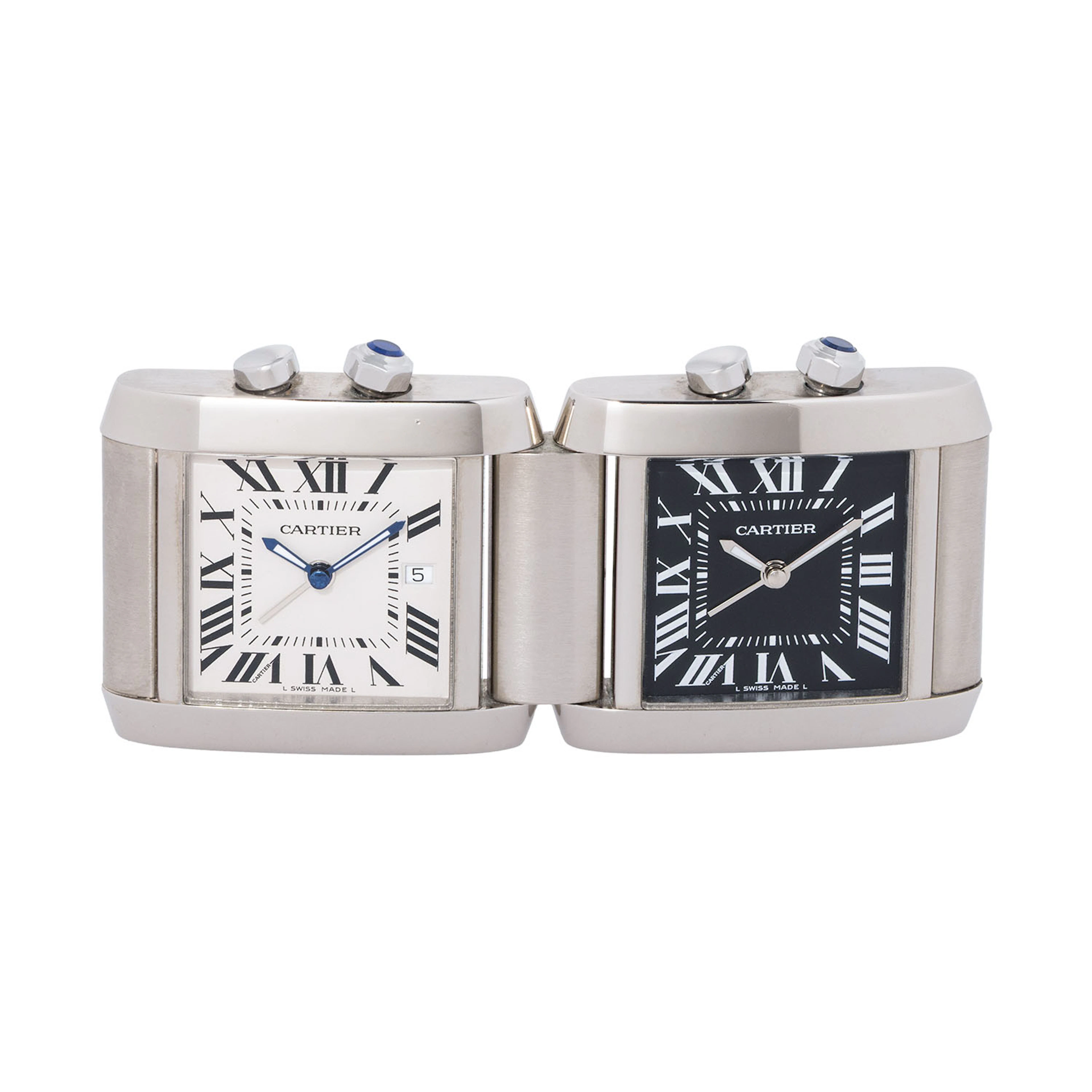 CARTIER Tank Francaise 'Dual Time' Reisewecker Quarz Ref. 2945 mit Reiseetui.
