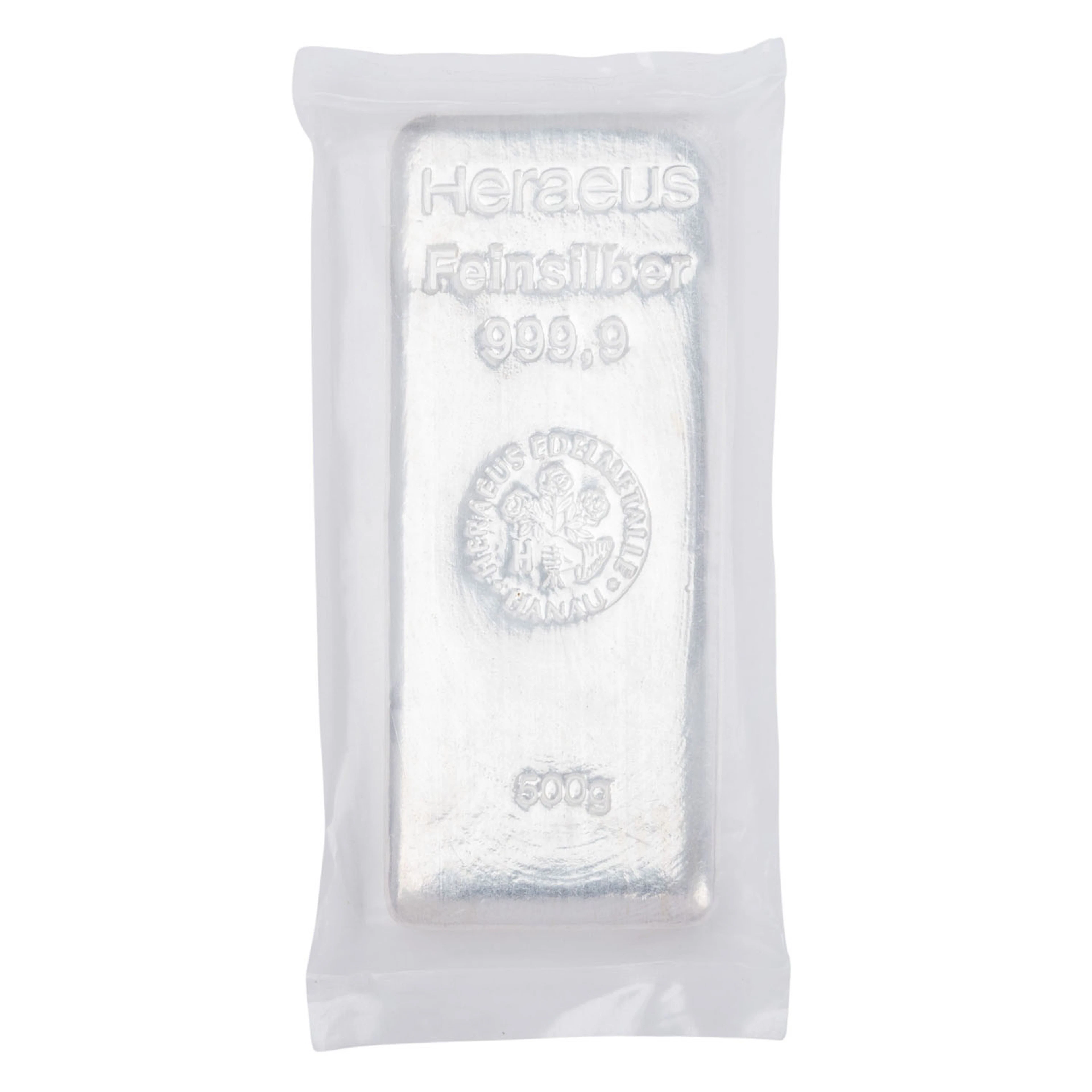 SILBERbarren – 500 g SILBER fein, Silberbarren gegossen, Hersteller Heraeus
