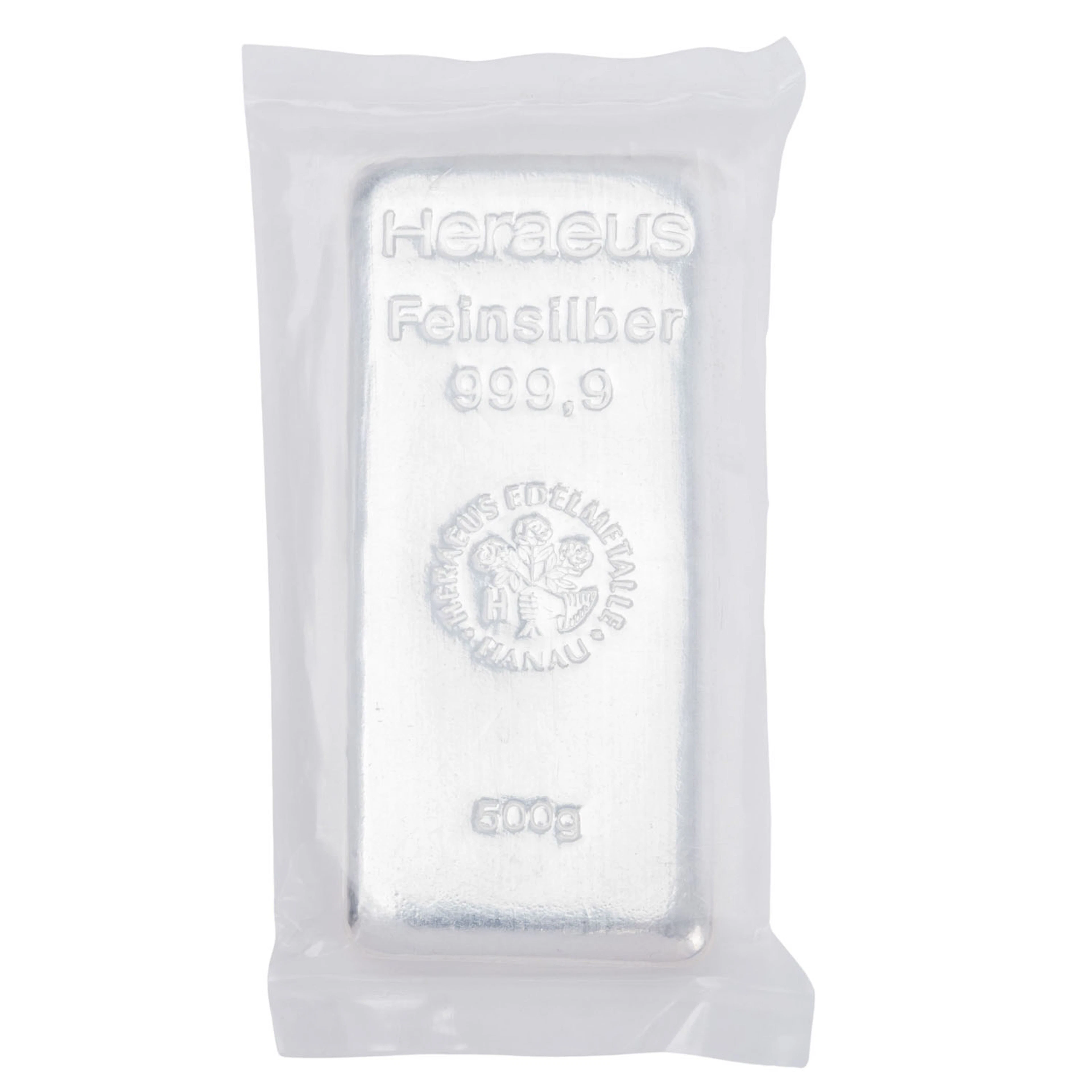SILBERbarren – 500 g SILBER fein, Silberbarren gegossen, Hersteller Heraeus