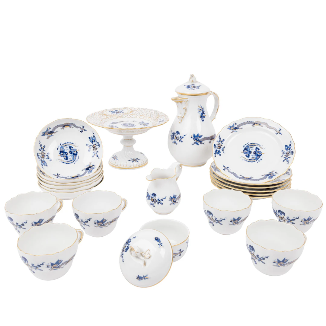 MEISSEN 22-tlg. Kaffeeservice f. 6 Personen 'Reicher Drache in Blau'