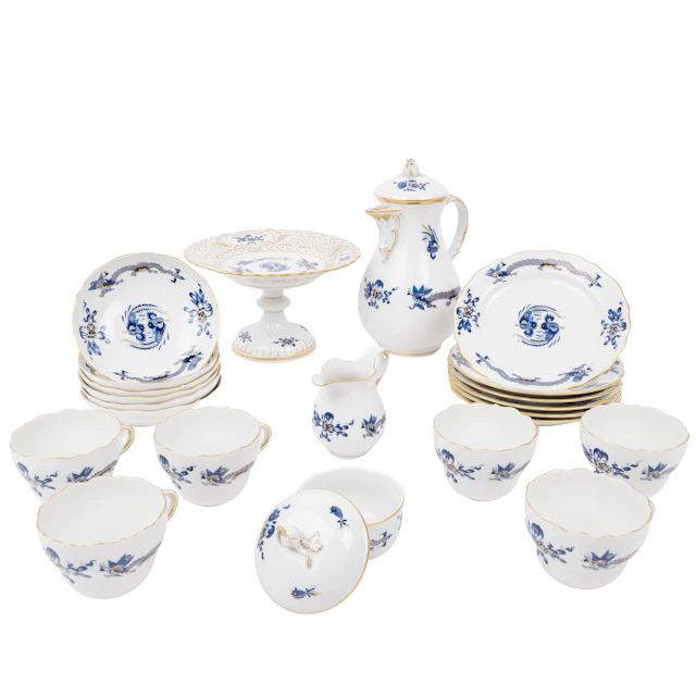 MEISSEN 22-tlg. Kaffeeservice f. 6 Personen 'Reicher Drache in Blau'