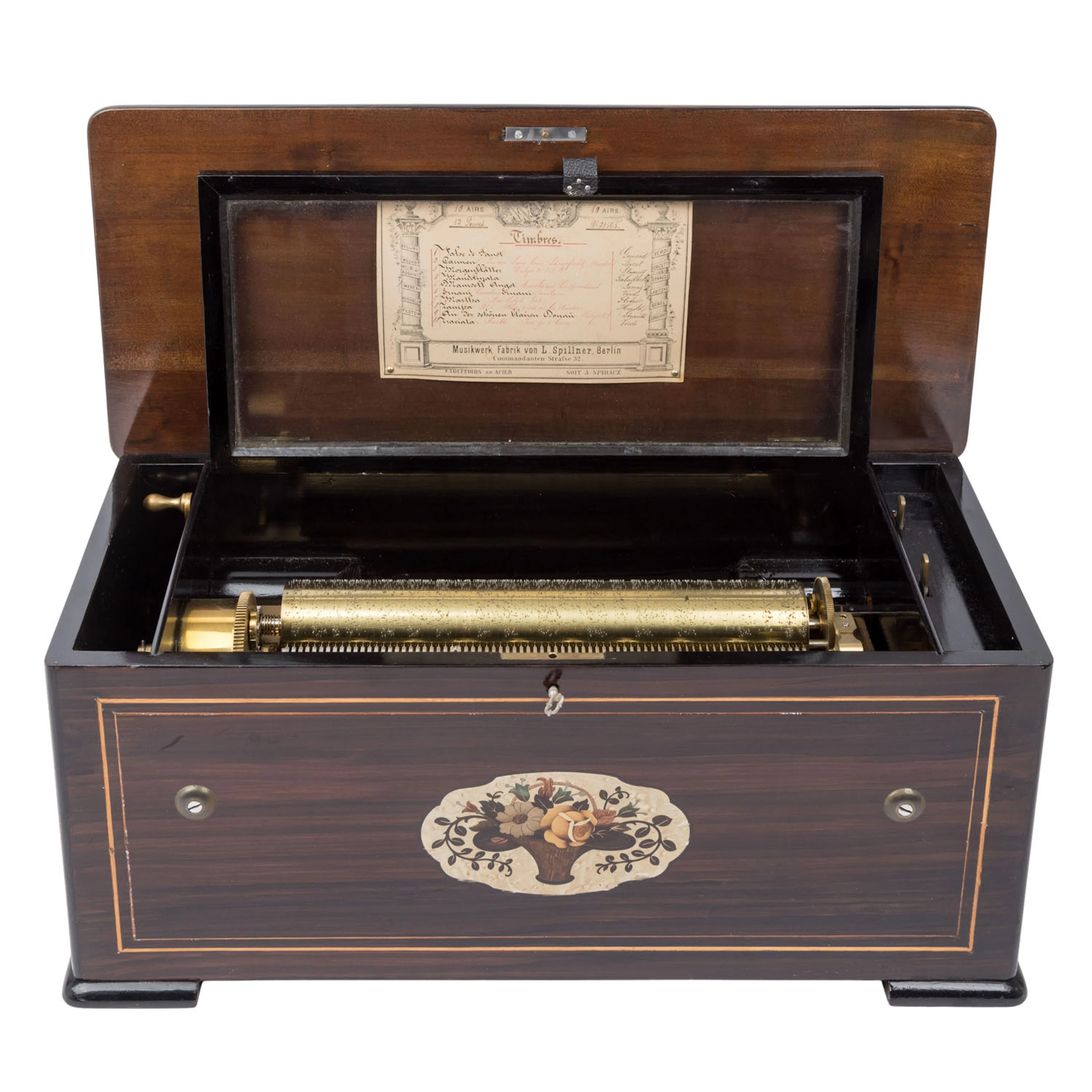 L. SPILLNER, Walzenspieldose mit 10 Melodien und Glockenautomat