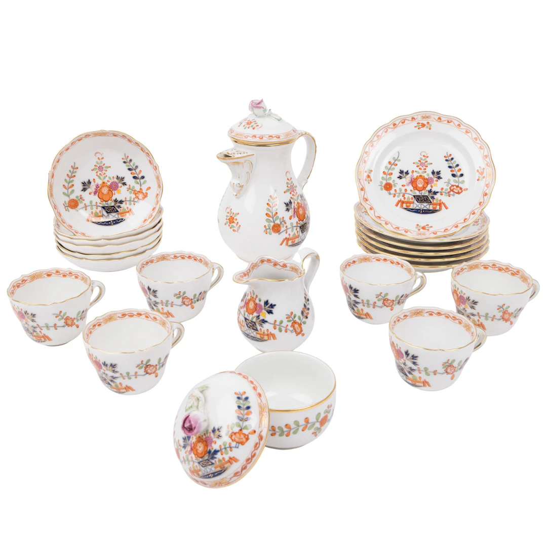 MEISSEN 21-tlg. Mokkaservice f. 6 Personen 'Tischchendekor', 1. Wahl, 20. Jh.