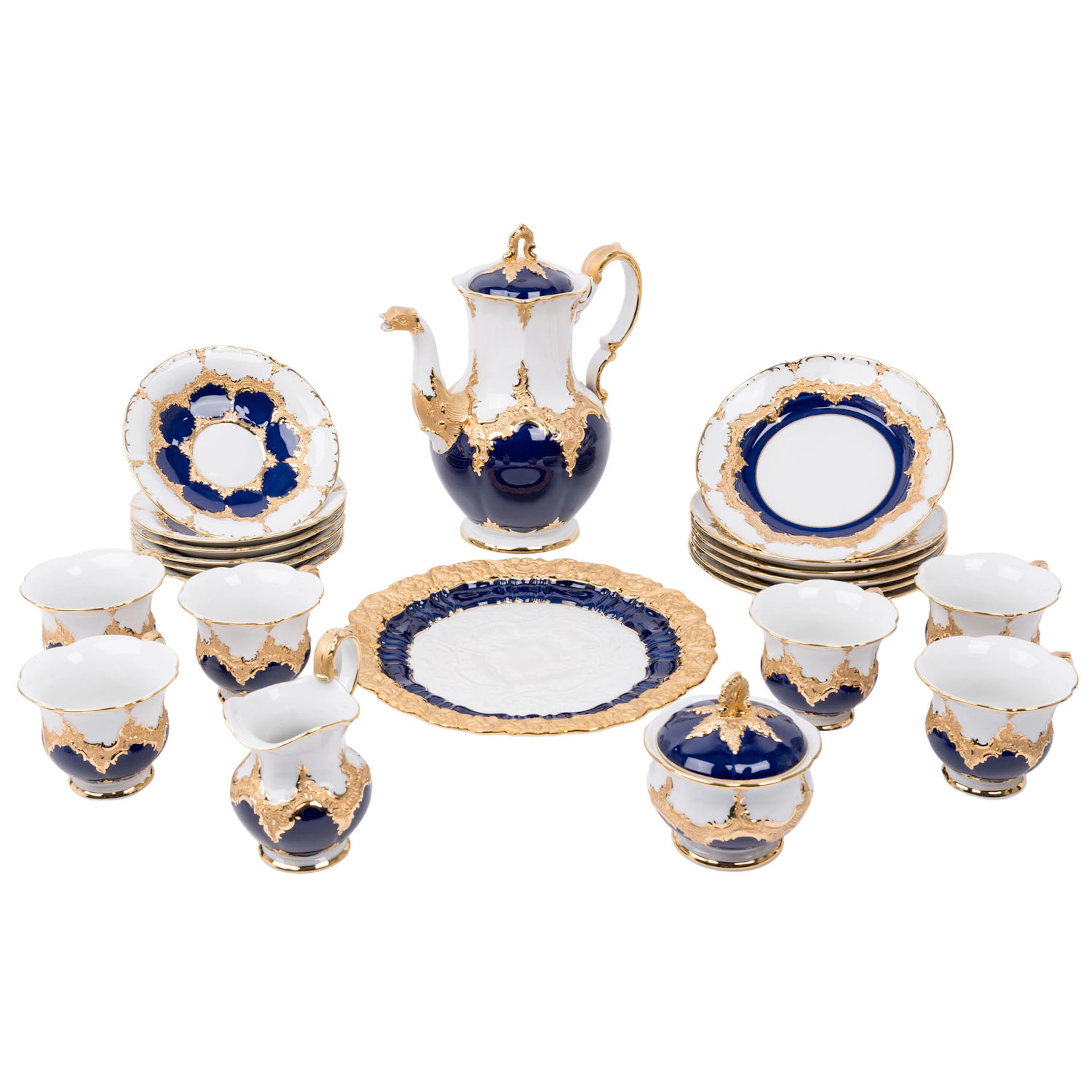 MEISSEN 22-tlg. Prunk-Kaffeeservice f. 6 Personen 'B-Form kobaltblau'