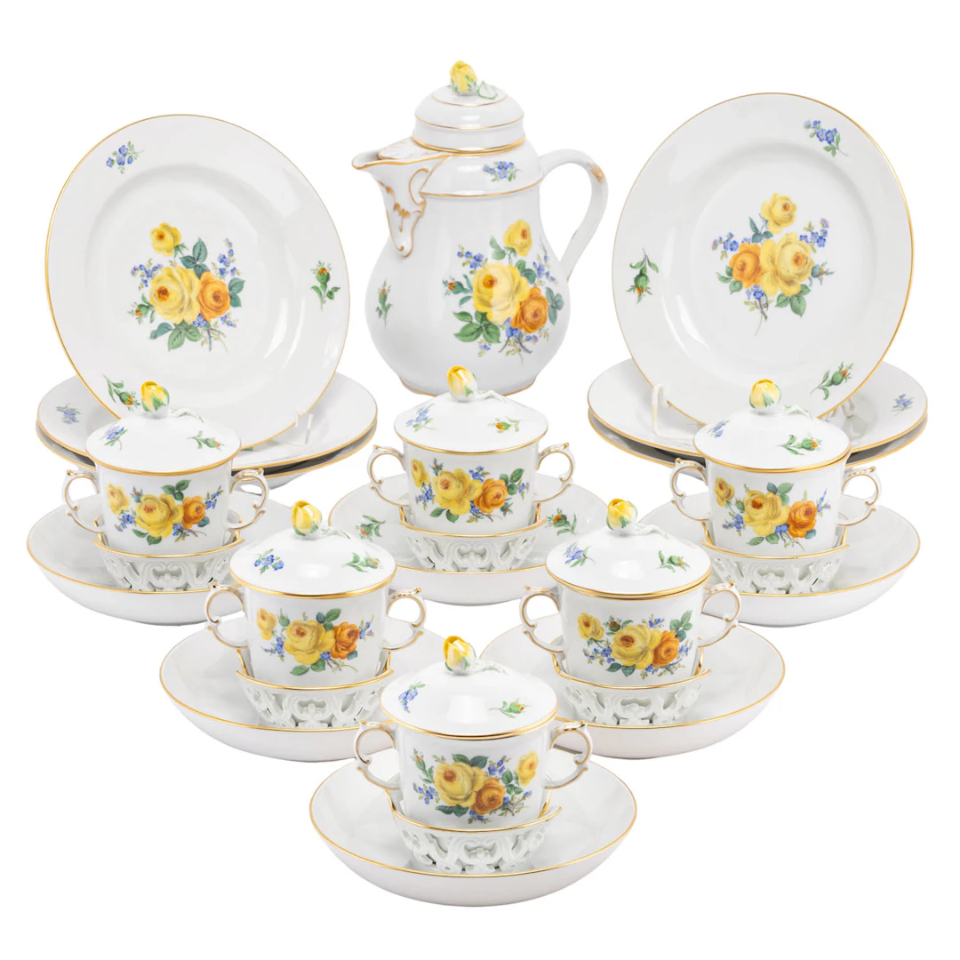 MEISSEN 25-tlg. Kakaoservice f. 6 Personen 'Blumenbukett', 1. Wahl, 20. Jh.