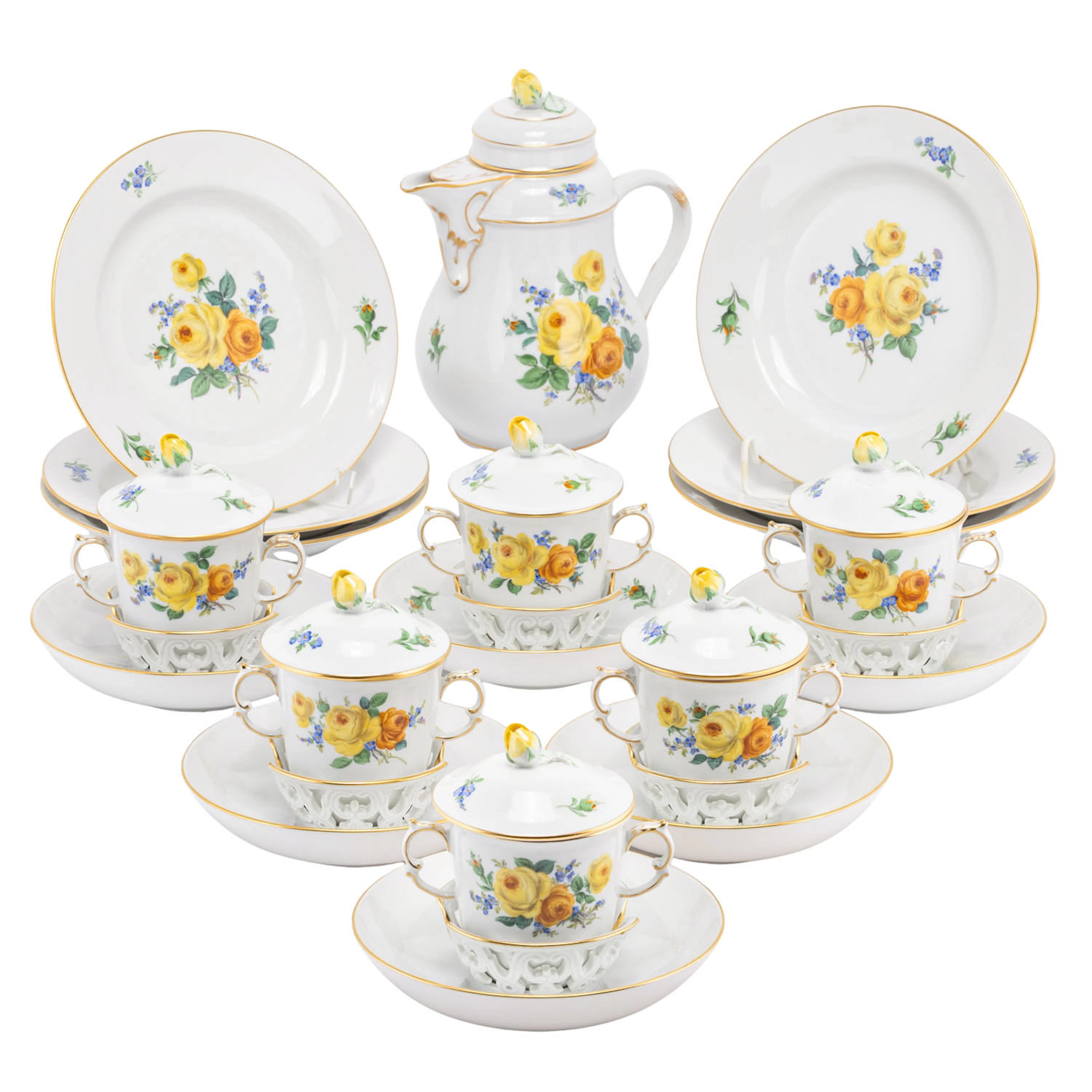 MEISSEN 25-tlg. Kakaoservice f. 6 Personen 'Blumenbukett', 1. Wahl, 20. Jh.