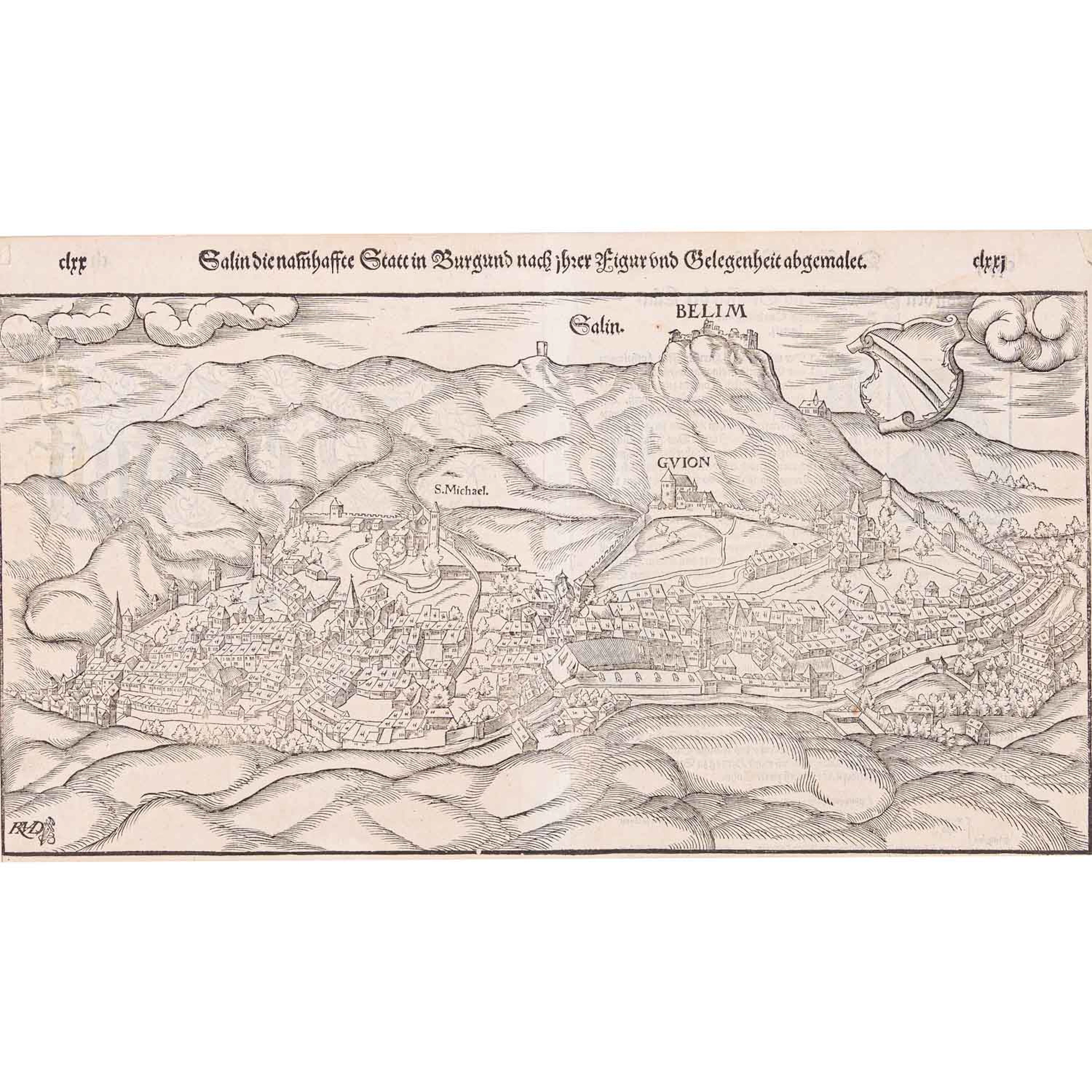Historische Holzstichkarte von Salins in Burgund, Frankreich 17. Jh.-
