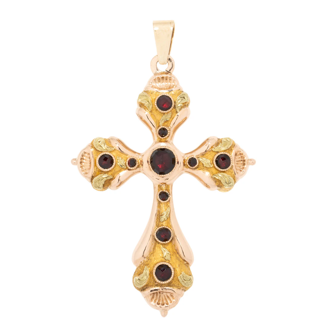 Kreuzanhänger mit Granat und Amethyst