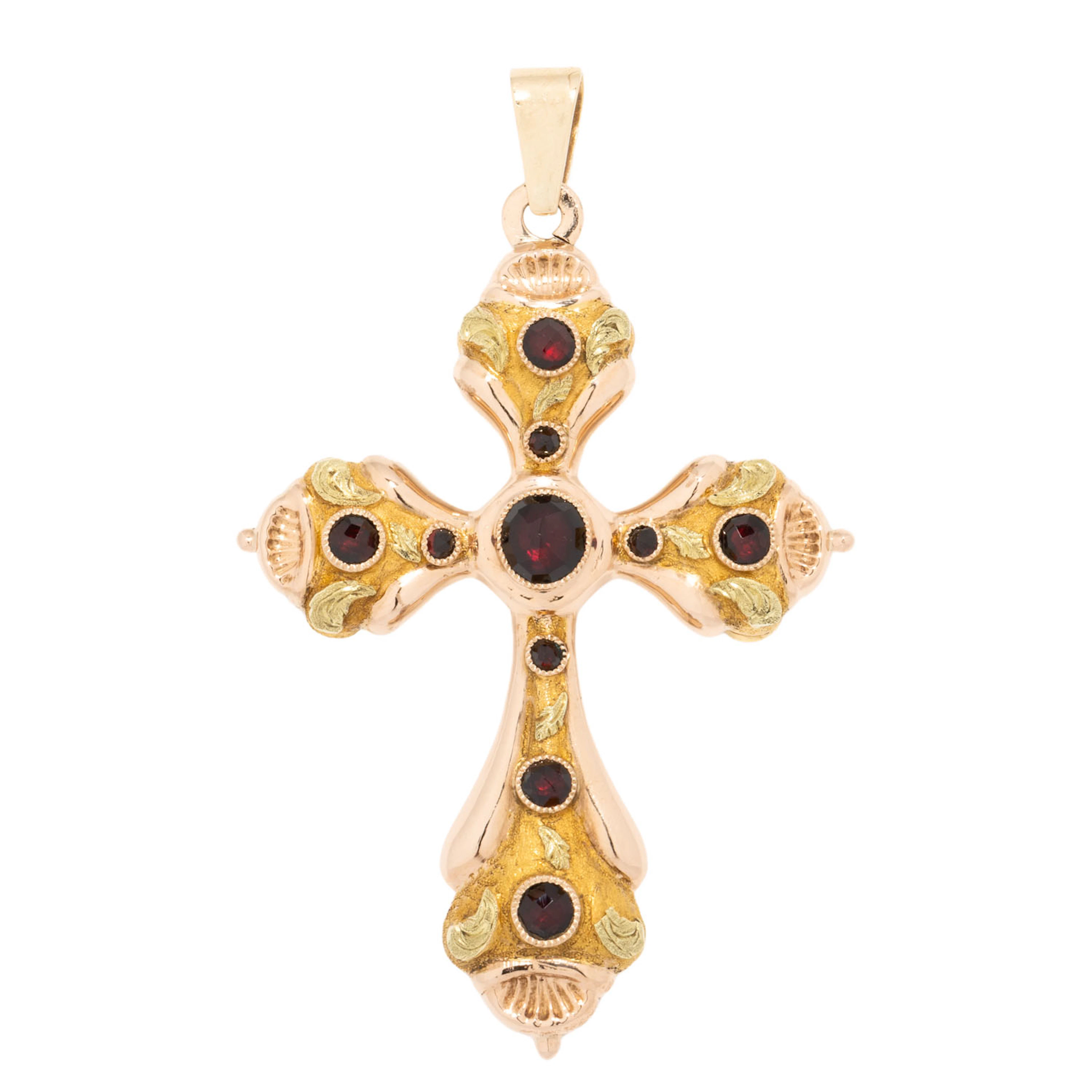 Kreuzanhänger mit Granat und Amethyst