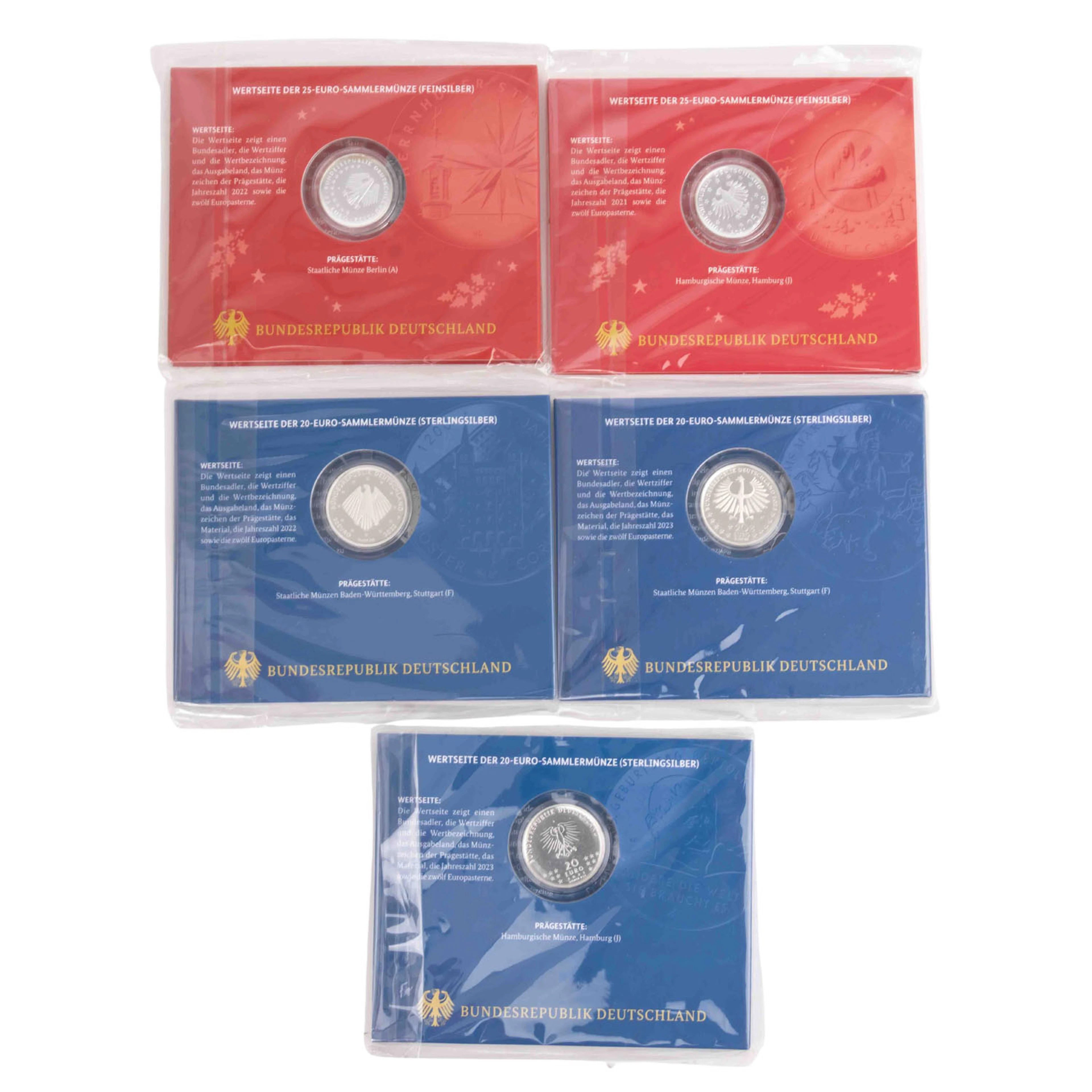 BRD/SILBER - 3 x 20 Euro 2022/F, 2023/F, 2023/J, 2 x 25 Euro 2021/J, 2022/A