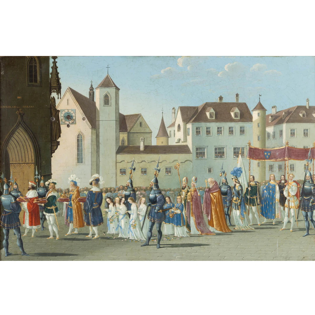 GROßE BILDERUHR, "Jungfrau v. Orleans, Krönungszug v. Karl VII in Reims"