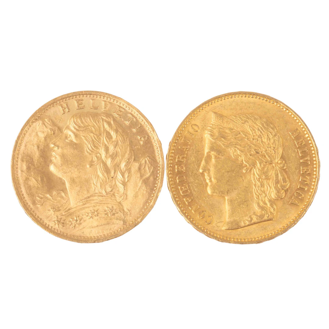 Schweiz/GOLD - 20 Franken 1894, 1922. "Helvetia" und "Vreneli". 2 Stück.