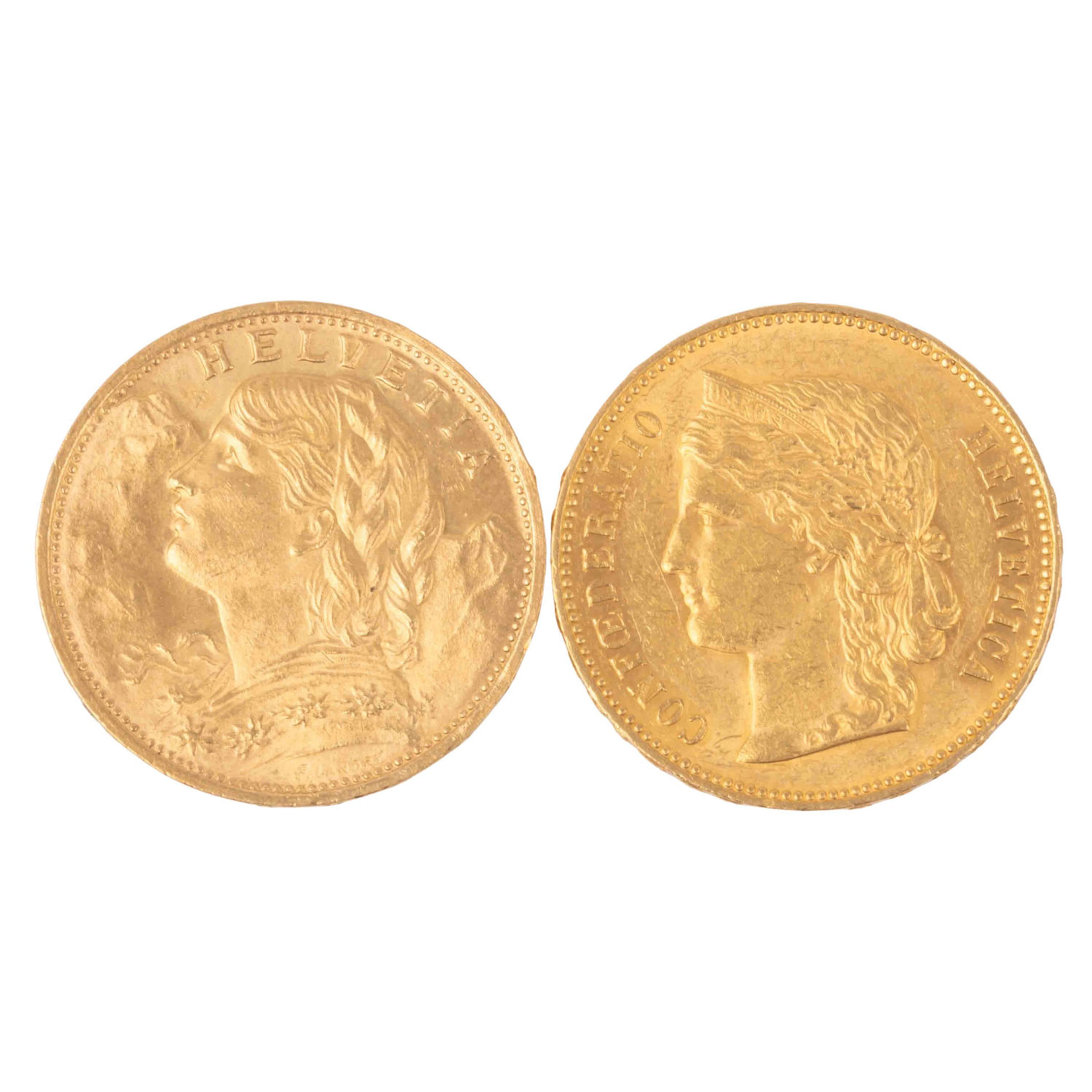 Schweiz/GOLD - 20 Franken 1894, 1922. "Helvetia" und "Vreneli". 2 Stück.