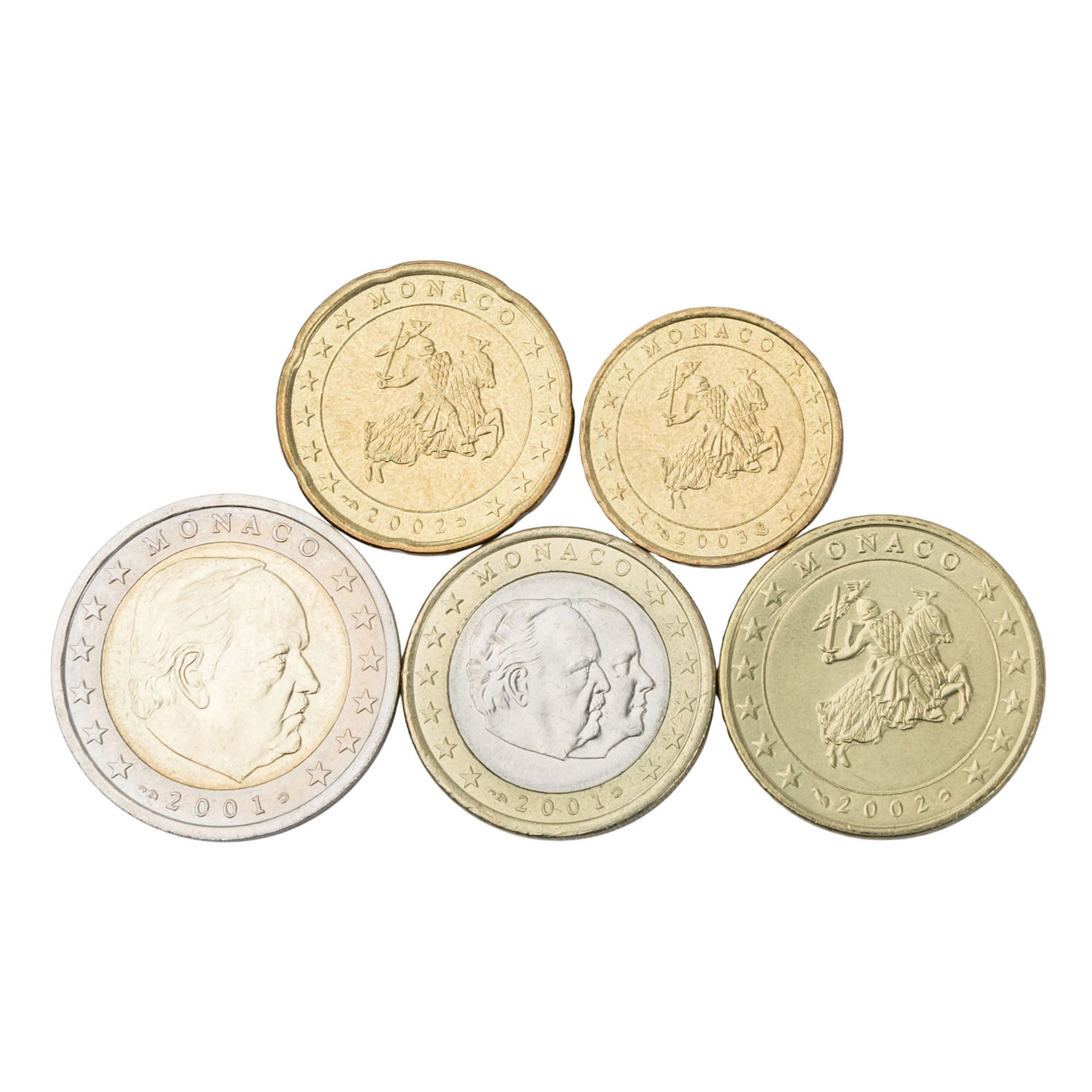 Monaco - 3,80 Euro 2001-2003. 5 einzelne Münzen.