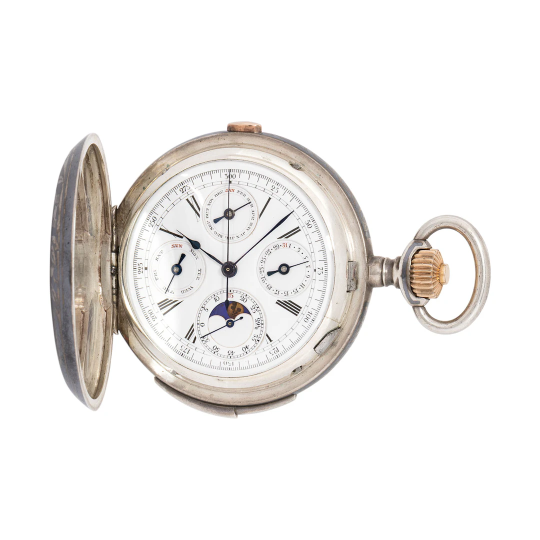 Le Locle "Schul-Taschenuhr" mit Chronograph, Vollkalender und Viertelrepetition