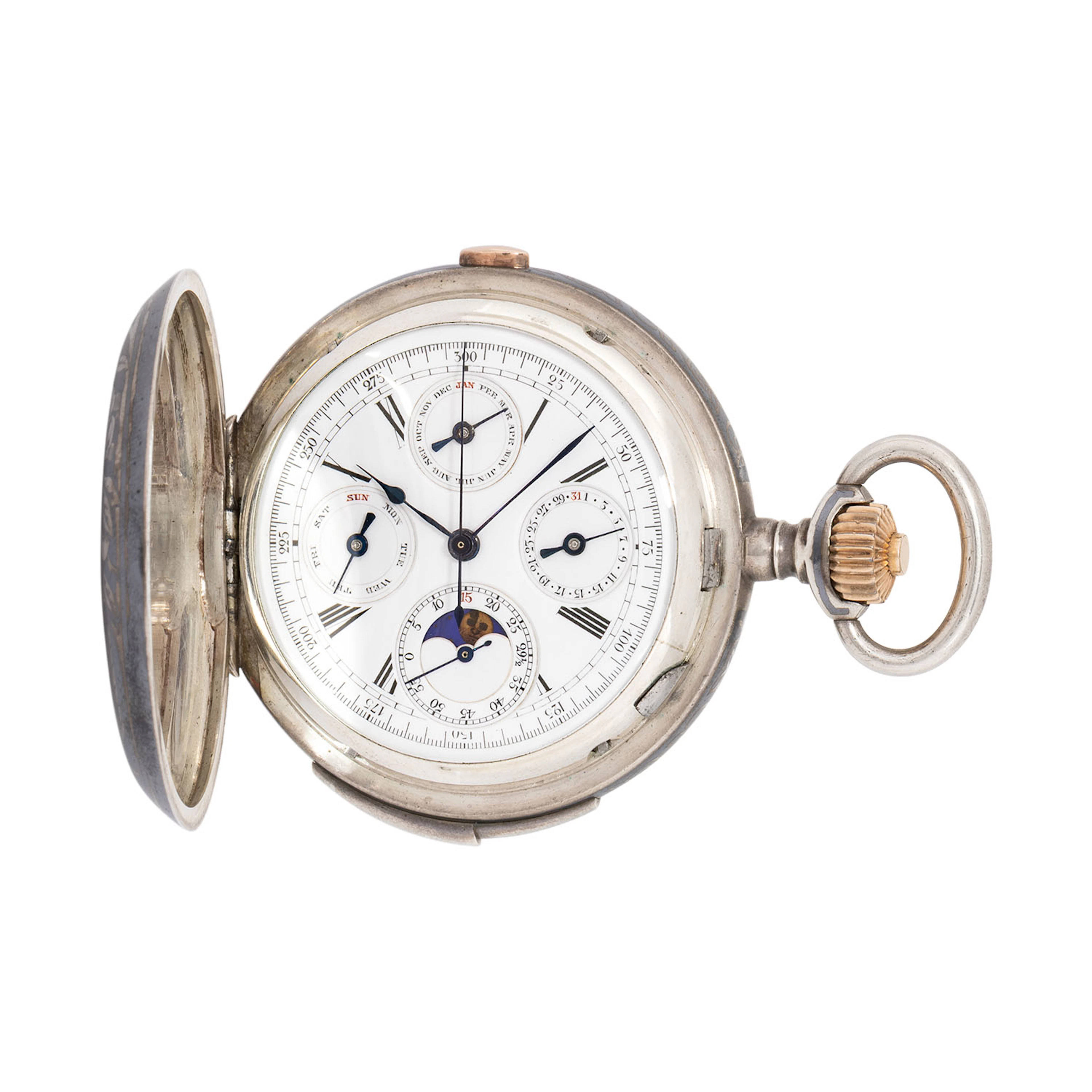 Le Locle "Schul-Taschenuhr" mit Chronograph, Vollkalender und Viertelrepetition