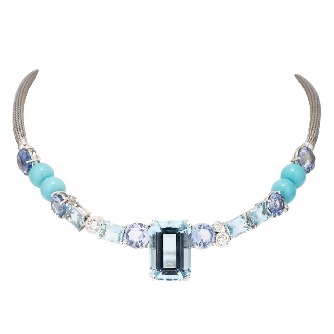 UNIKAT Collier mit Aquamarin, Saphir, Türkis und Brillant
