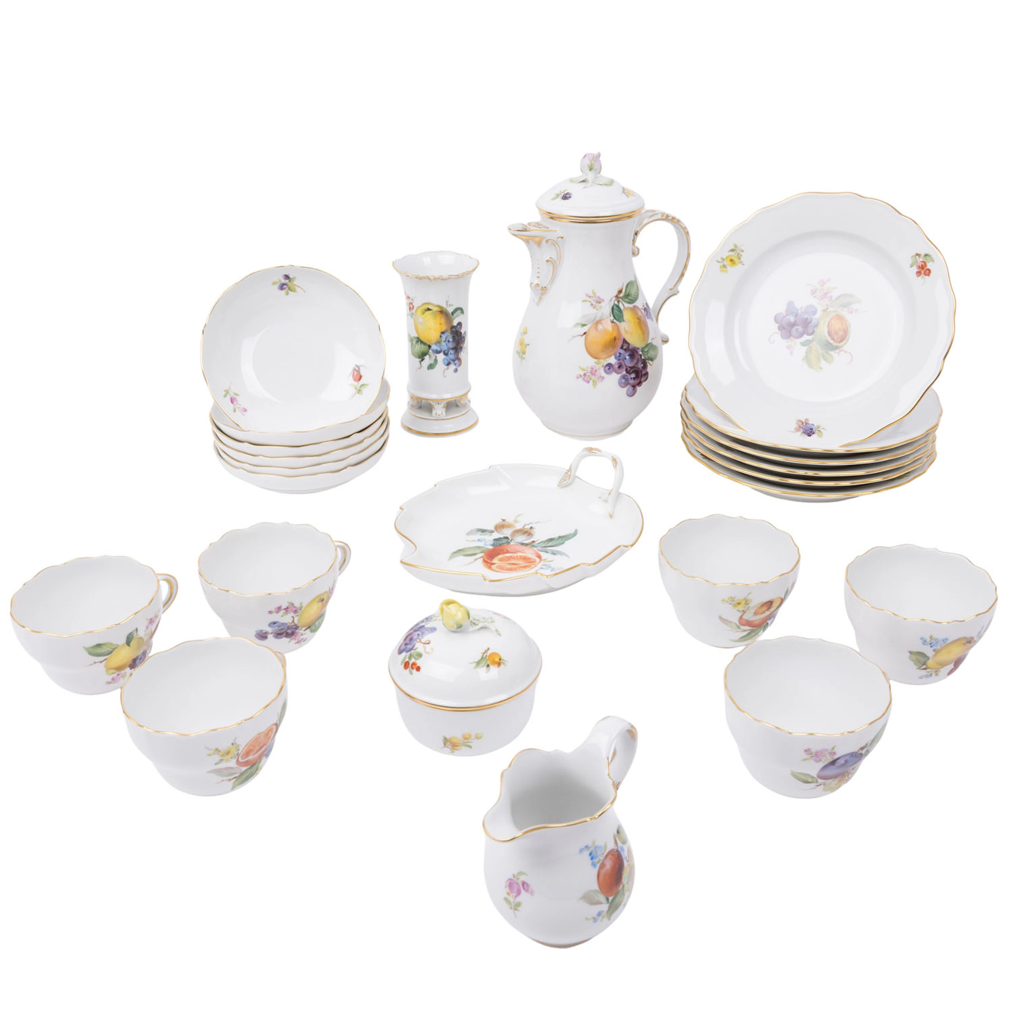 MEISSEN 23-tlg. Kaffeeservice f. 6 Personen 'Früchtemalerei', 1. Wahl, 20. Jh.