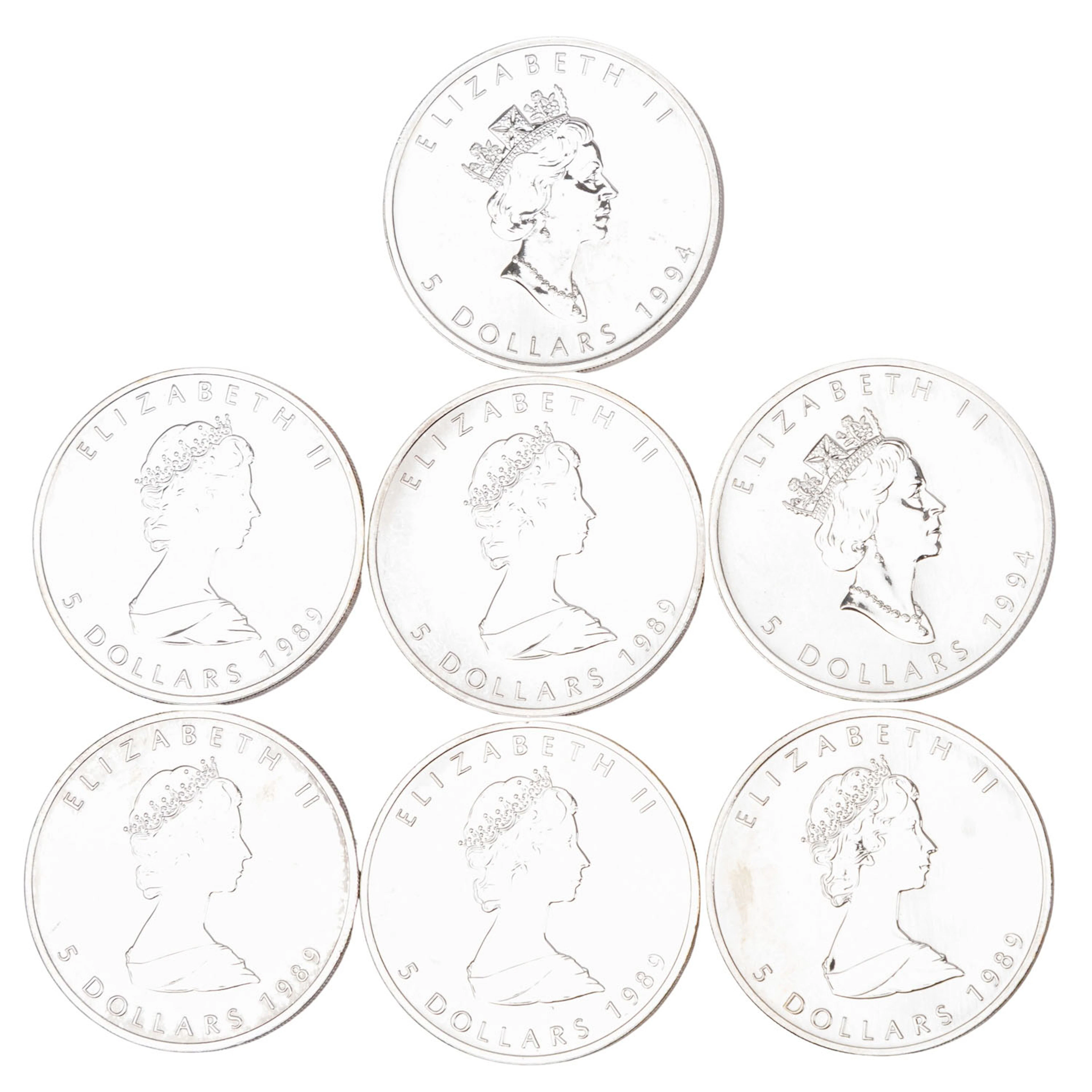 Kanada/SILBER – 7 x 5 $ Maple Leaf 1989/1994, je 1 Unze