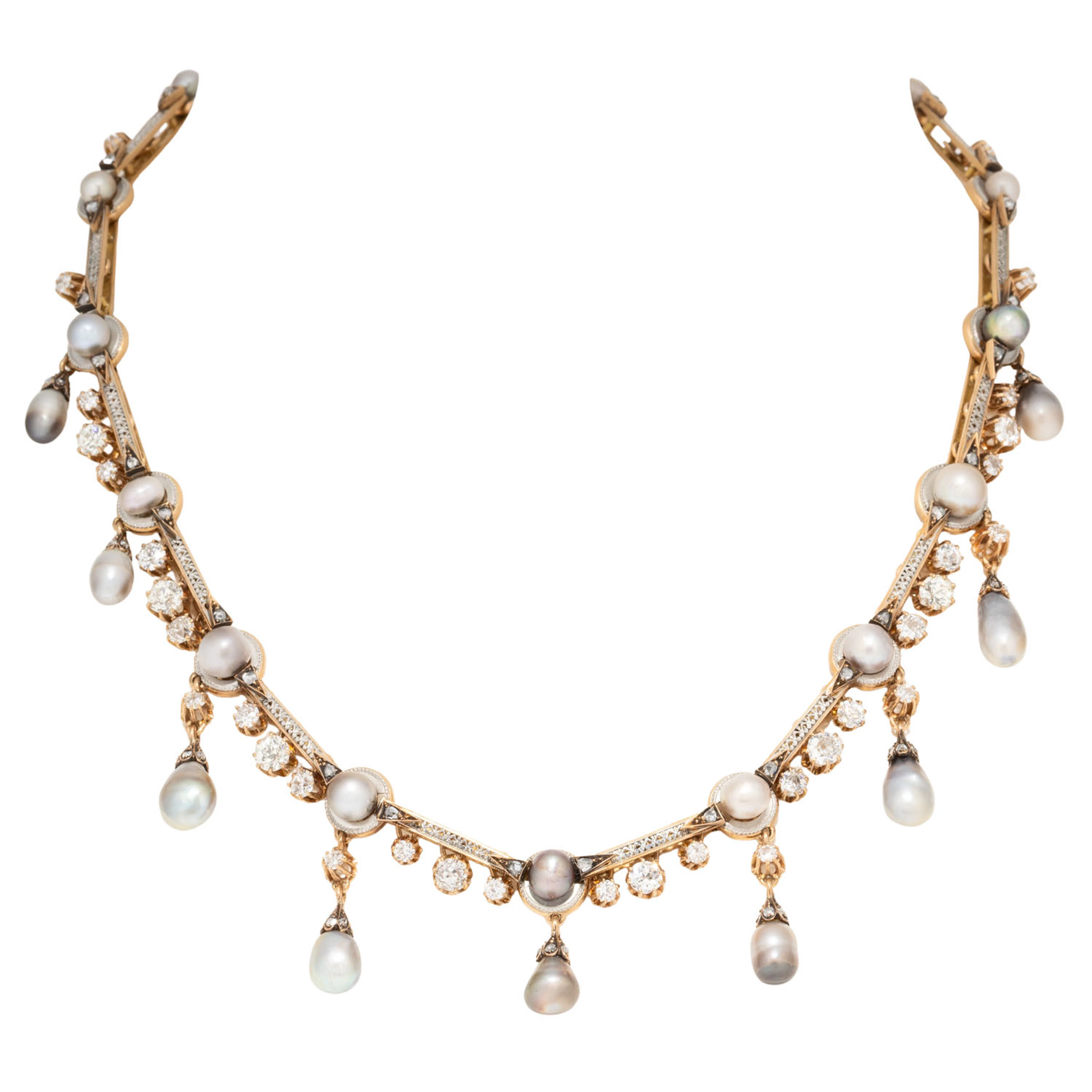 Collier mit Perlen, Altschliffdiamanten und Diamantrosen