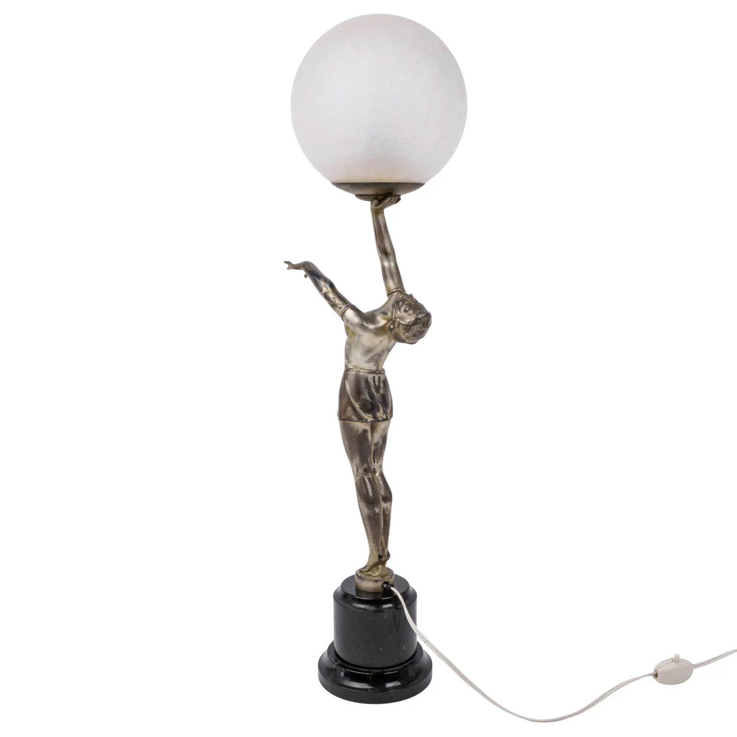 GROßE ART-DÈCO-TISCHLAMPE "Tänzerin mit Lichtglobus"