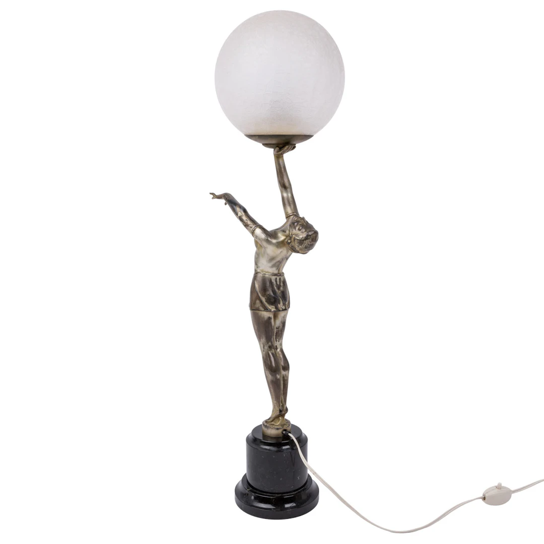 GROßE ART-DÈCO-TISCHLAMPE "Tänzerin mit Lichtglobus"