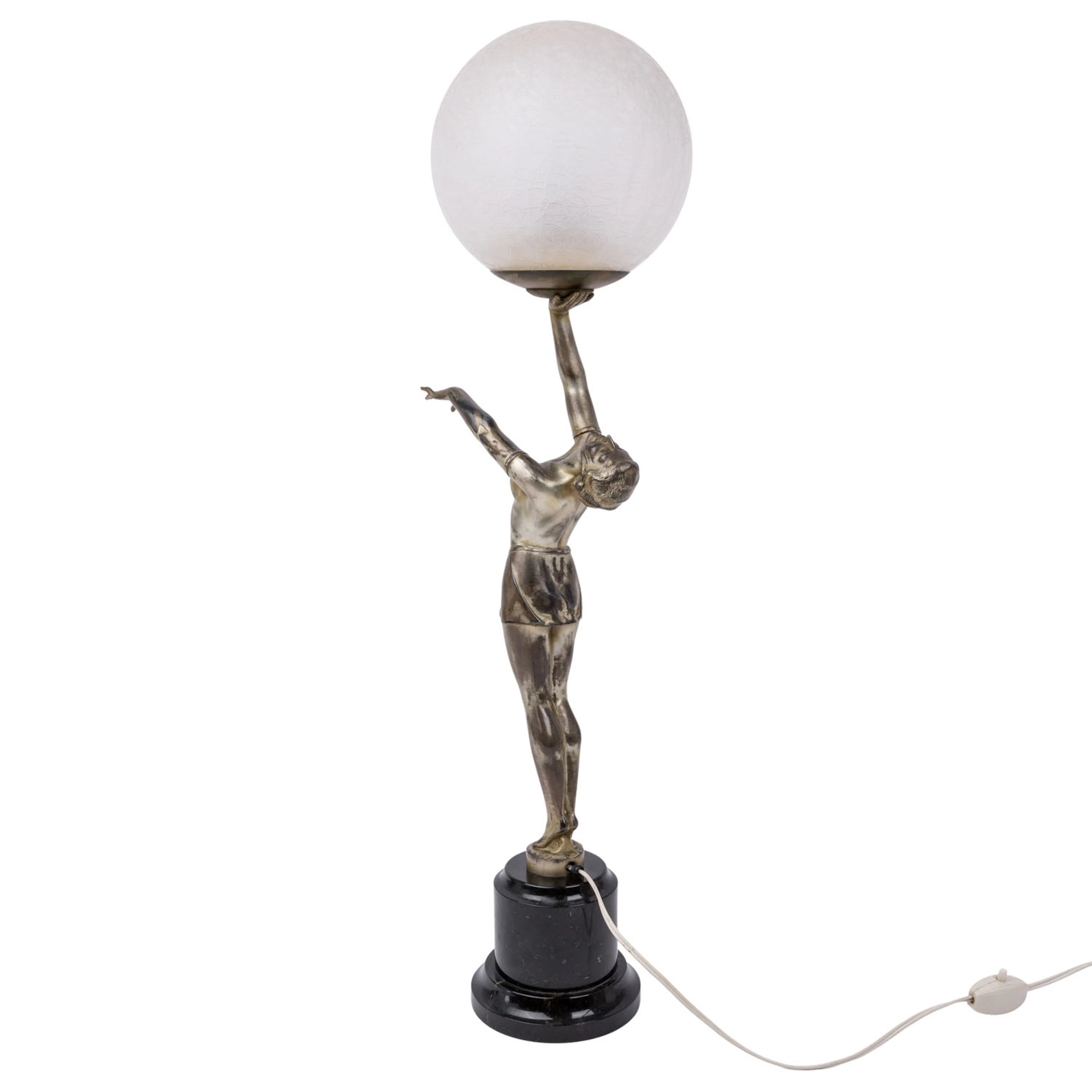GROßE ART-DÈCO-TISCHLAMPE "Tänzerin mit Lichtglobus"