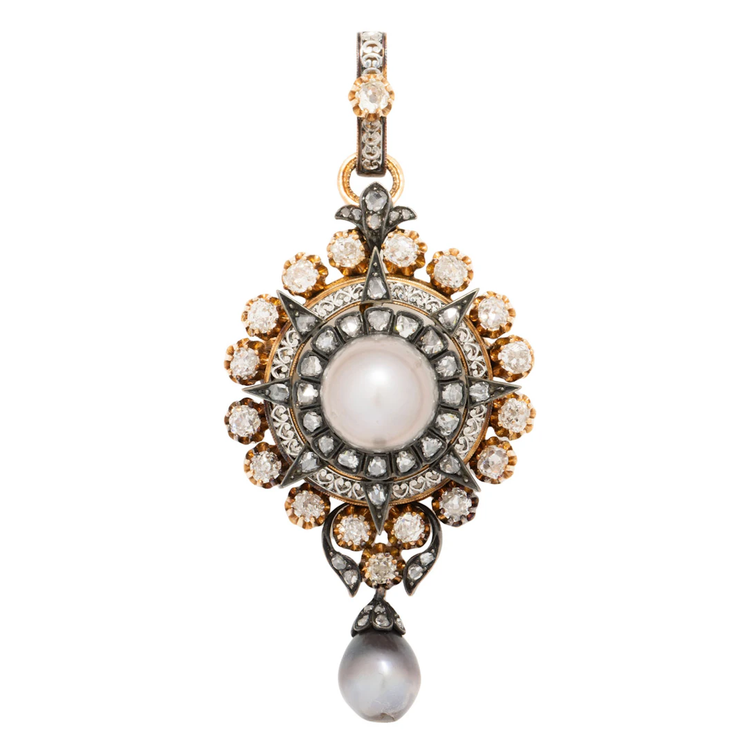 Anhänger/Brosche mit 2 Perlen und Diamanten